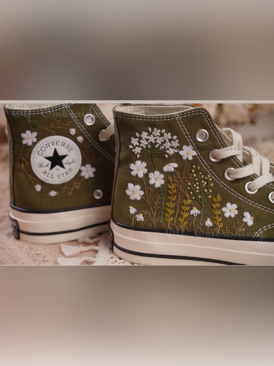 Converse Shoes - Converse Olive Green Floral Embroidered High-Top Sneakers